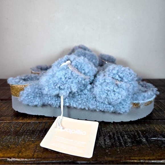 Papillio by Birkenstock Teddy Sherling Blue Platform Big Buckle Sandals - Picture 2 of 8